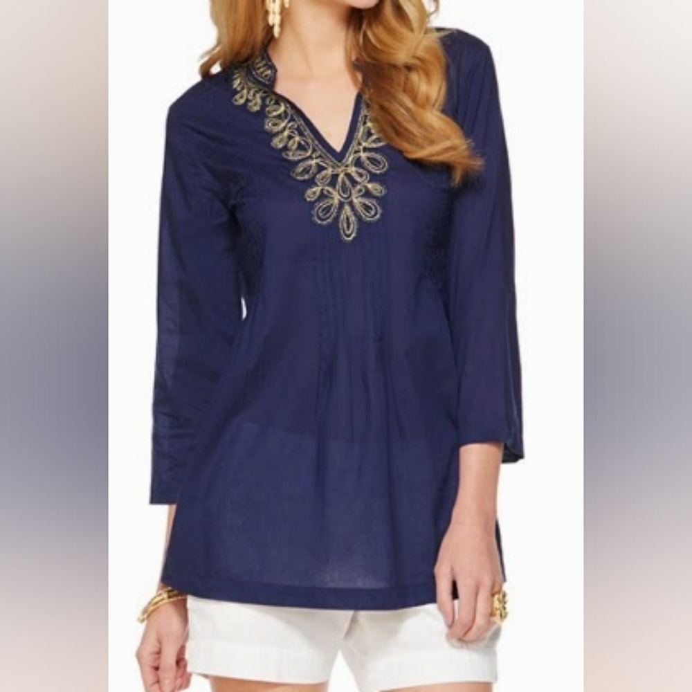Lilly Pulitzer Sarasota Embroidered Beaded Cotton‎ Tunic Top In Navy Size S